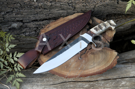 Bowie III Handmade |Hand-forged |Hunting Knife | Camping | Combat Bowie knife | Christmas & Anniversary Gift| Hand-Tooled Cow hide Leather Sheath