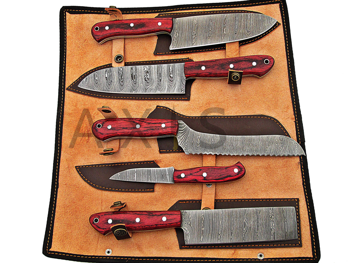 Handmade Damascus Chef set Of 5pcs With Leather,Damascus Knife Set,Damascus  Chef Knife,Full Kitchen Knife Set,Damascus Chef Set,Newly Design