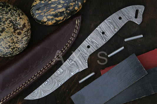 Blank Blade, Damascus Steel, Bolster and Kit, Leather Sheath, Handmade, Hand forged Knife, Christmas Gift, Anniversary & Chef Gift