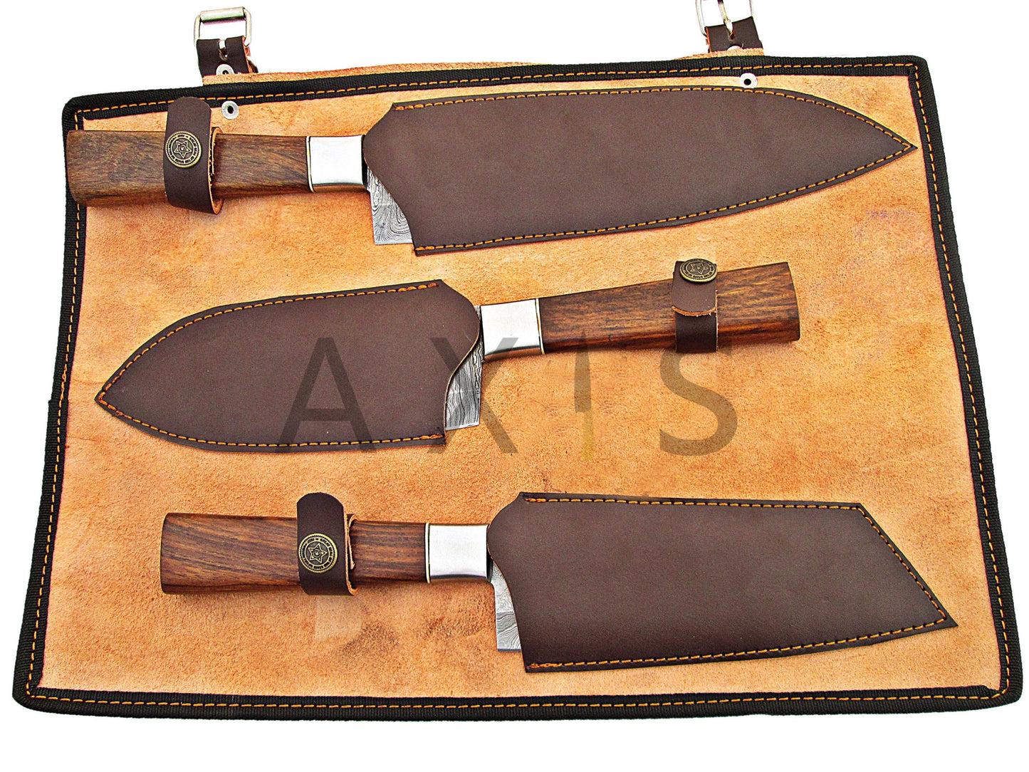 Damascus Steel | Chef Knife Set | Handmade Kitchen Knives Set | Hand Forged Knife | Leather Roll | Unique Gift | Christmas & Anniversary Gift | AxisKnivesCompany