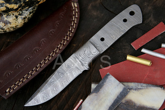 Blank Blade, Damascus Steel, Bolster and Kit, Leather Sheath, Handmade, Hand forged Knife, Christmas Gift, Anniversary Gift, Hunting Knife