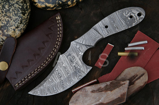 Blank Blade, Damascus Steel, Bolster and Kit, Leather Sheath, Handmade, Hand forged Knife, Christmas Gift, Anniversary & Chef Gift