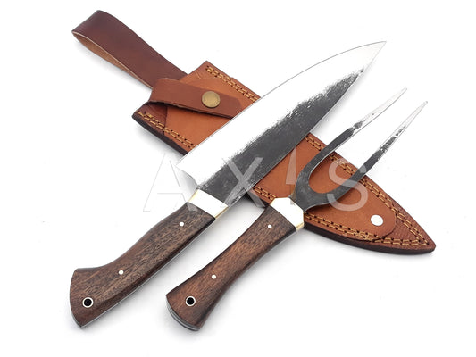 Set of Chef Knife and Two Iine Fork| Handmade and HandForged |Marandi Wood | Christmas Gift |Anniversary Gift| Steak Knife |BBQ | Asado | Axis Knives Company