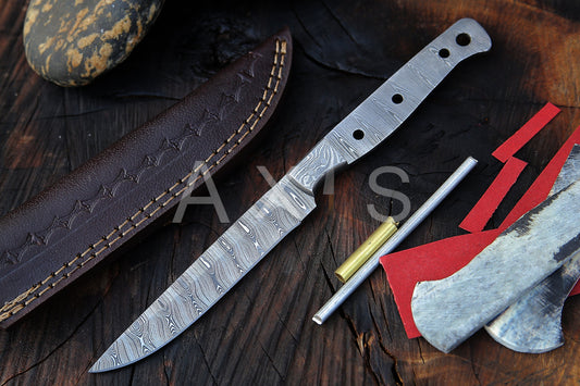 Blank Blade, Damascus Steel, Bolster and Kit, Leather Sheath, Handmade, Hand forged Knife, Christmas Gift, Anniversary Gift, Chef Gift