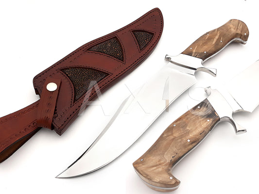 Bowie I | Blank Blade with Damascus bolster & Kit with Leather Sheath | Damascus Steel Blade | Hunting knife